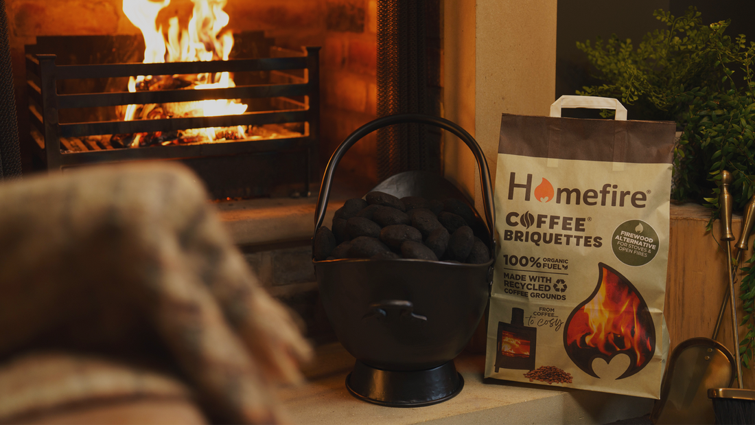 Homefire Coffee Briquettes in front of a burning fire