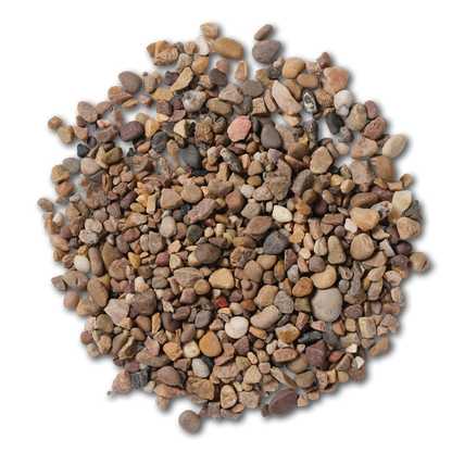 Close-up of scattered small Quartzite Pea 10mm stones with a natural color pattern of soft browns, grey and cream.