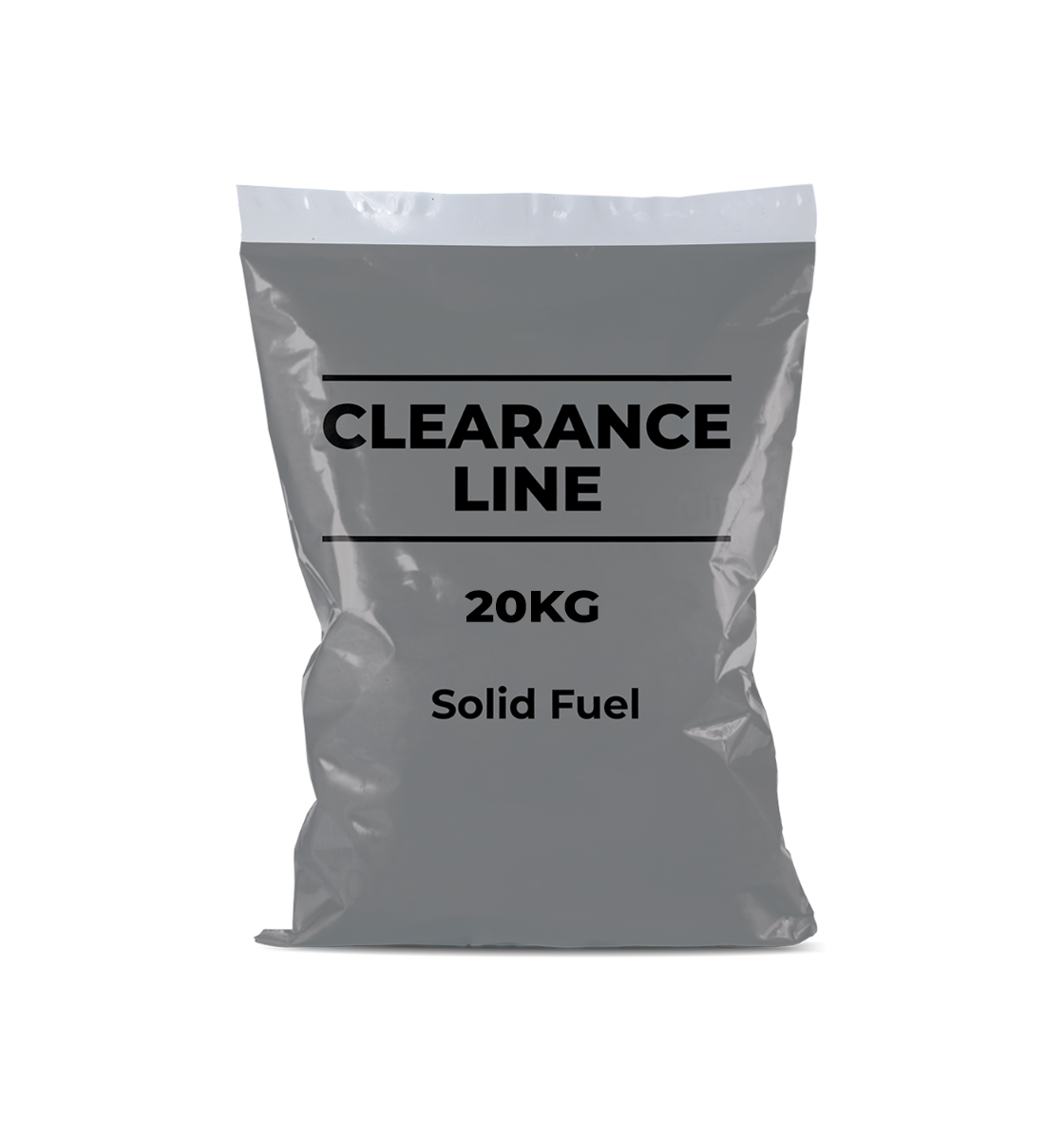 Bag of solid fuel labeled 'Clearance Line' with weight '20KG' on a white background