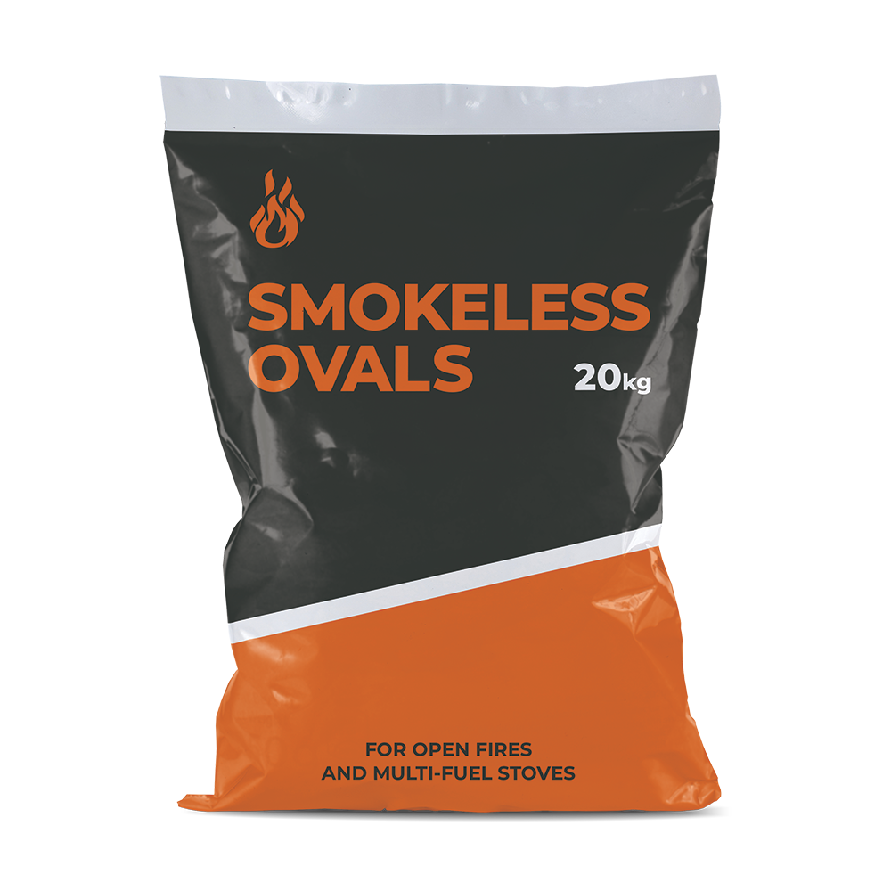 A 20kg bag of smokeless ovals for open fires and multi-fuel stoves, featuring a black and orange packaging design with a white diagonal stripe.
