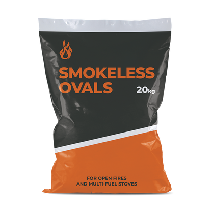 A 20kg bag of smokeless ovals for open fires and multi-fuel stoves, featuring a black and orange packaging design with a white diagonal stripe.